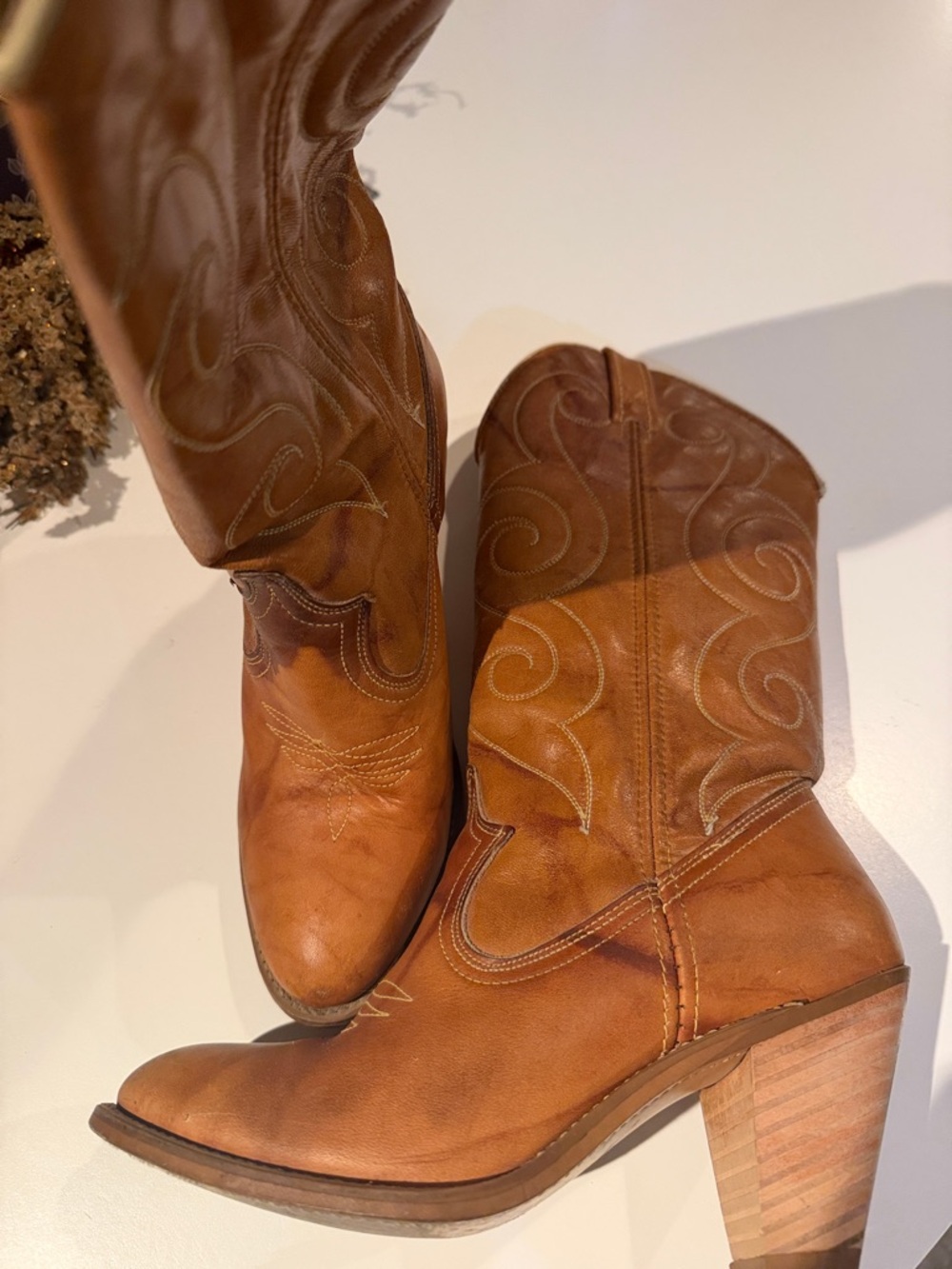 Women's Tan Leather Western Heeled Boots